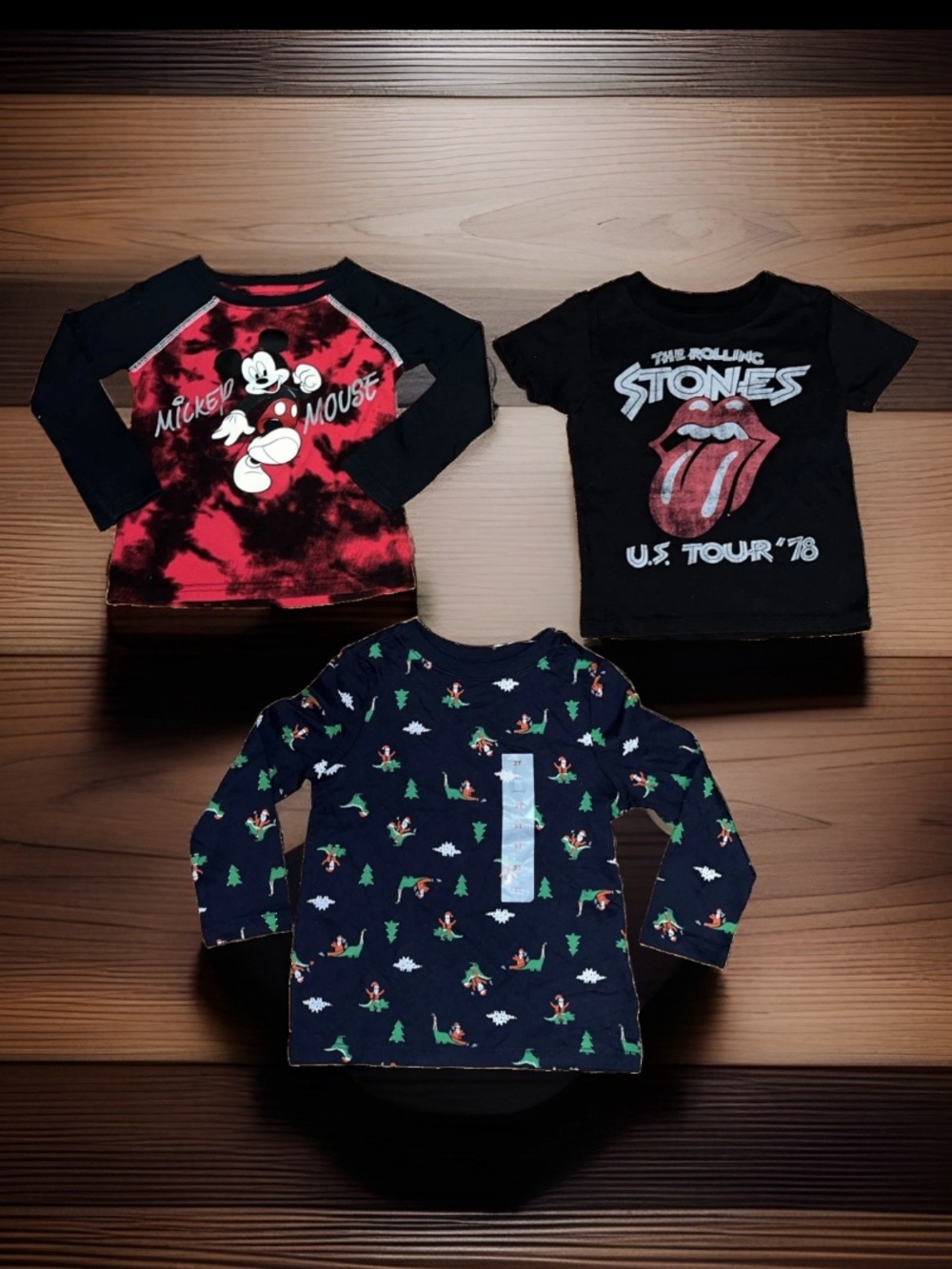 Disney Mickey Tie Dyed Raglan Top/ Rolling Stone Top/Santa Riding Dinosaurs Tops